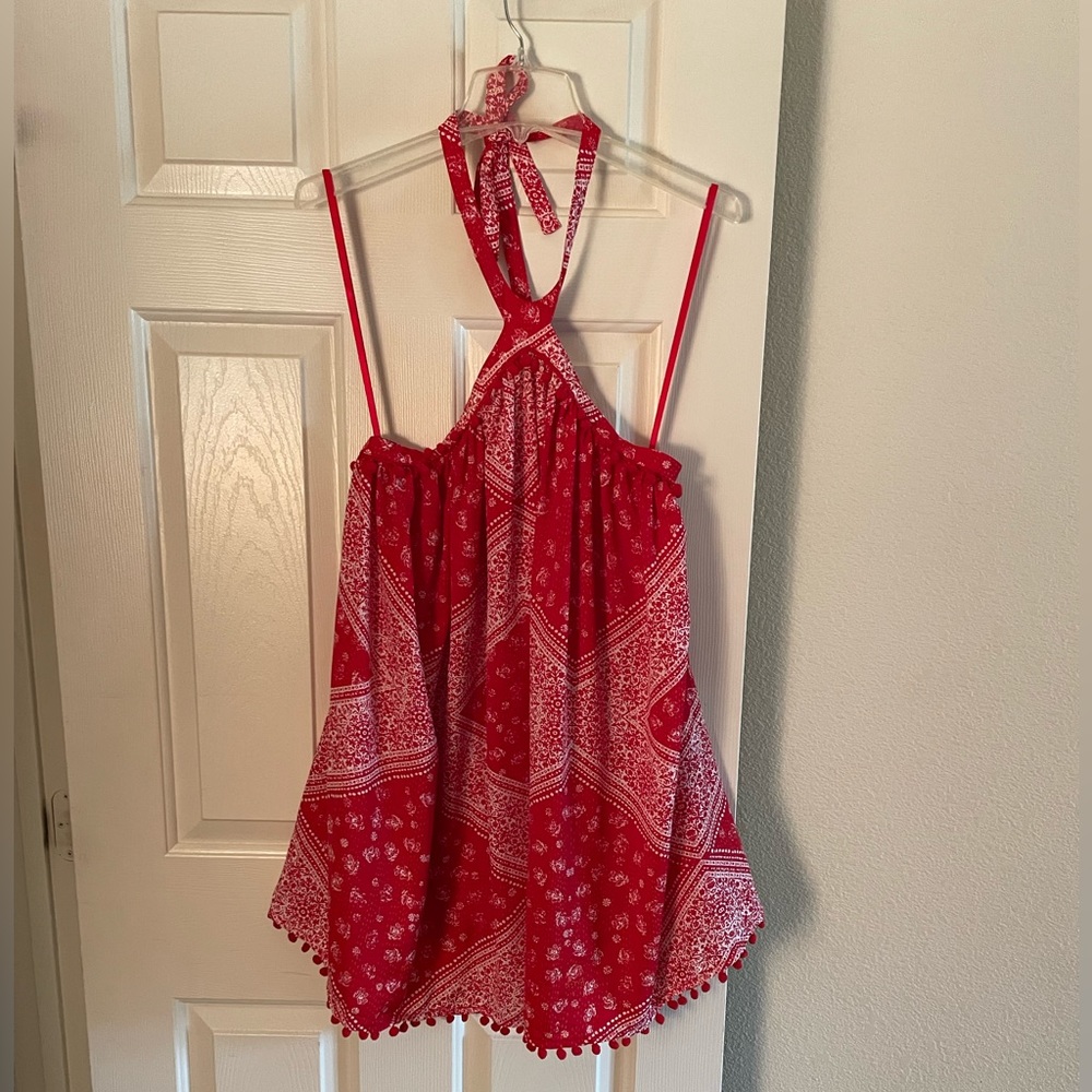 Bandana print halter dress.